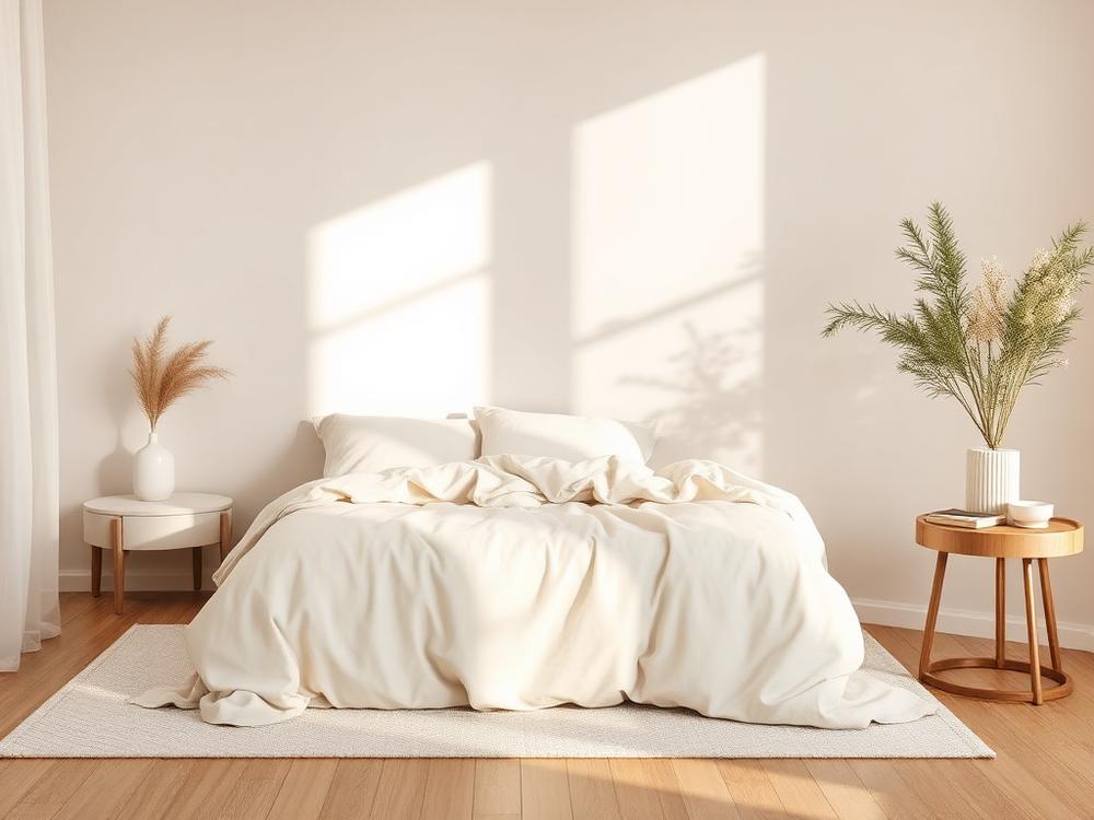 Calm modern bedroom with linen bedding and warm neutral tones