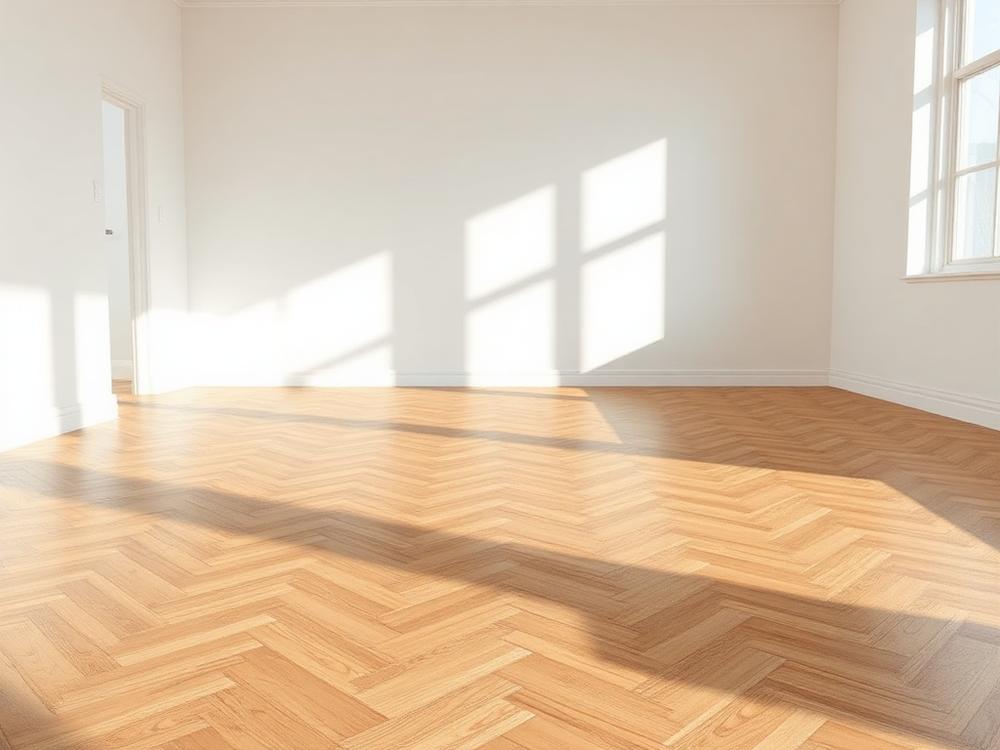 Empty bright room with herringbone oak flooring