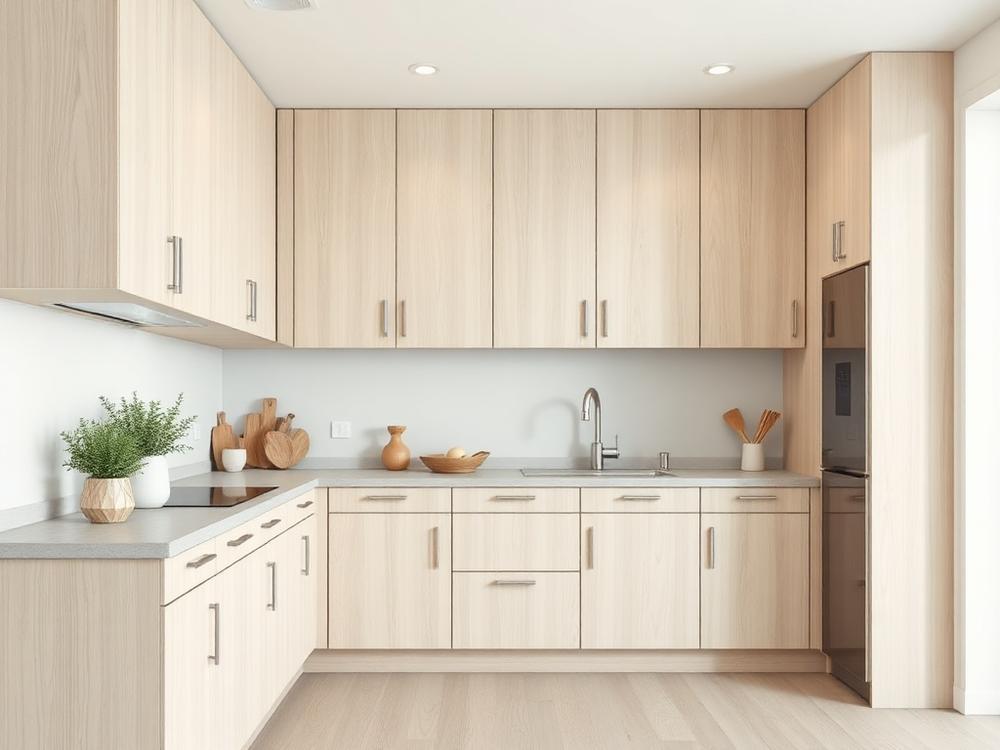 Scandinavian kitchen with pale wood cabinetry and stone countertop